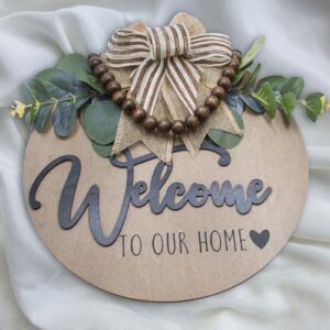 Condorpasea 3D Welcome Sign for Front Door | Home/Farmhouse Porch Décor Wooden Hanging Sign with Artificial Leaves and Rustic Beads | Christmas Classroom |12\" Round - Image 4