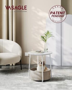 VASAGLE End Table, Small Bedside Table with Fabric Basket, Modern Nightstand, Round Side Table, for Living Room, Bedroom, Matte White and Camel Brown ULET223W10 - Image 3