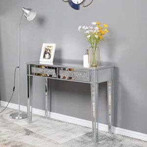 Karl home Mirrored Desk with 2 Drawers Silver Console Table Mirror Sofa Table with Crystal Inlay Front for Living Room, Entryway, Foyer, 42 Inch - Image 3