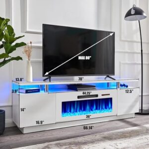 AMERLIFE Fireplace TV Stand with 36\" Fireplace, 70\" Modern High Gloss Fireplace Entertainment Center LED Lights, 2 Tier TV Console Cabinet for TVs Up to 80\", White & White - Image 4