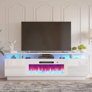 AMERLIFE Fireplace TV Stand with 36\" Fireplace, 70\" Modern High Gloss Fireplace Entertainment Center LED Lights, 2 Tier TV Console Cabinet for TVs Up to 80\", White & White - Image 8
