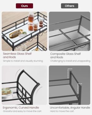 VASAGLE Bar Cart Black, Home Bar Serving Cart, Wine Cart with 2 Mirrored Shelves, Wine Holders, Glass Holders, for Kitchen, Dining Room, Black ULRC090B62 - Image 8