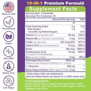Ashwagandha Gummies - 10 in 1 Organic Ashwaganda Gummies for Women & Men, with L Theanine, Vitamin B6, Black Pepper for Relaxation*, Cognitive, Immune, Zzz, Cortisol, Vegan, Berry Flavor - 60 Count - Image 3