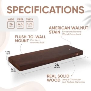 Homeforia Rustic Farmhouse Floating Shelves, Bathroom Wooden Shelves for Wall Mounted, Thick Industrial Kitchen Wood Shelf - 24 x 6.5 x 1.75 inch - Set of 2 - American Walnut Color - Image 3