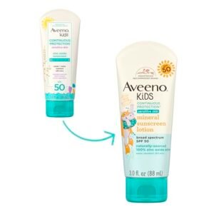 Aveeno Kids Continuous Protection Zinc Oxide Mineral Sunscreen Lotion for Children's Sensitive Skin with Broad Spectrum SPF 50, Tear-Free, Sweat- & Water-Resistant, Non-Greasy, 3 fl. oz - Image 3