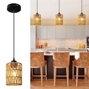 3 Pack Rattan Pendant Light, Farmhouse Boho Pendant Lighting Fixtures, Black Finish Chandelier with Hand Woven Rattan Lamp Shade for Dining Room Kitchen Island Bedroom Hallway Foyer Corridor Stair
