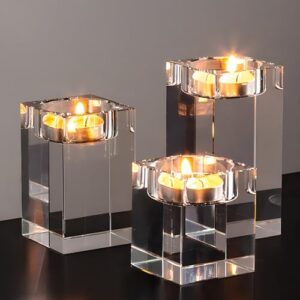 3 Pcs Crystal Candle Holders Clear Tea Light Candle Holders Square Candle Stand Glass Votive Candlestick Holders for Table Centerpieces,Wedding,Dinner Party Decor,3.15 in 3.94 in 4.72in
