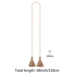 58in Wood Bead Garland with Tassels, Farmhouse Rustic Country Decor Prayer Boho Wall Hanging Decoration (Nature) - Image 2