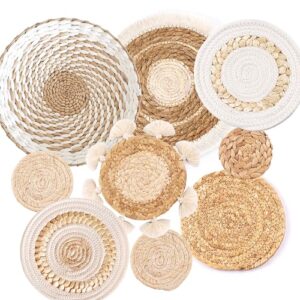 9 Pack Boho Wall Basket Set, hanging Woven Wall Basket Decor, Seagrass Rattan Wicker Boho Wall Decor, Eco-Friendly Round Wall Art for Farmhouse Bedroom Living Room Display Table Settings Kitchen Home