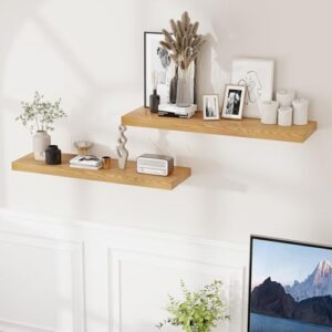 9.3 Inch Deep Floating Shelves, Oak Floating Shelf 36\" x 9.3\", Rustic Wood Wall Shelves 36 Inch Long, Large Wall Shelves for Book, Living Room, Bedroom, 36\"W x 9.3\"D x 1.5\"H, Oak Color, Set of 2 - Image 2