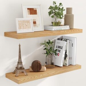9.3 Inch Deep Floating Shelves, Oak Floating Shelf 36" x 9.3", Rustic Wood Wall Shelves 36 Inch Long, Large Wall Shelves for Book, Living Room, Bedroom, 36"W x 9.3"D x 1.5"H, Oak Color, Set of 2