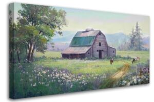 Acocifi Farmhouse Canvas Wall Art Cow Barn Picture Nature Flowers Landscape Painting, Rustic Wildflower Scenery Textured Artwork Large Framed for Living Room Bedroom Kitchen Office Home Decor 40"x20"