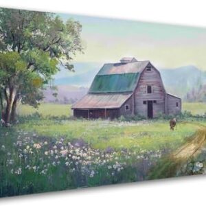Acocifi Farmhouse Canvas Wall Art Cow Barn Picture Nature Flowers Landscape Painting, Rustic Wildflower Scenery Textured Artwork Large Framed for Living Room Bedroom Kitchen Office Home Decor 40\”x20\”