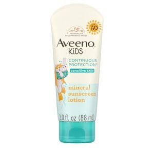 Aveeno Kids Continuous Protection Zinc Oxide Mineral Sunscreen Lotion for Children's Sensitive Skin with Broad Spectrum SPF 50, Tear-Free, Sweat- & Water-Resistant, Non-Greasy, 3 fl. oz - Image 2