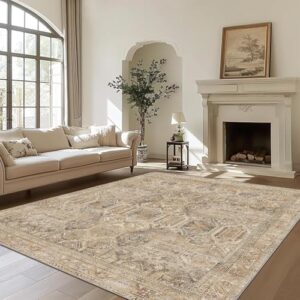 Bavni Area Rug 5X7 Machine Washable Vintage Distressed Print Ultra-Thin Chenille Hallway Bedroom Kitchen Entrance Accent Rug, Low Pile Lightweight Non Slip with Gripper, Clay