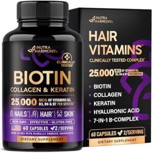Biotin | Collagen | Keratin - Clinically Tested Supplement - Hair Growth Support, Skin & Nails - 25000 mcg Vitamins B2, B3, B6 & B7 + B1 & Hyaluronic Acid - Made in USA - Women & Men | 60 Capsules - Image 2