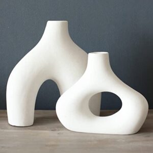 Carrot\'s Den Donut Vase, Set of 2 - White Large Ceramic Vase - Minimalist Nordic, Hollow | Table Centerpiece, Olive Plant, Wedding, Living Room, Bookshelf, Office, Modern Home, Entryway, Console - Image 2