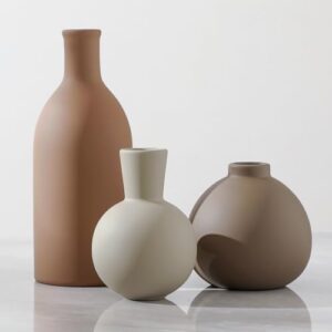 Ceramic Vase Set of 3, Vases Home Decor Rustic Farmhouse Decorative Vase Pottery Vases for Bouquet Pampas Grass Dried Fresh Flowers, Table Living Room Kitchen Bedroom Bathroom – Brown