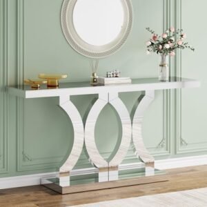 Condemo 55 Inches Mirrored Console Table, Entryway Table with Geometric Base, Modern Sofa Table Behind Couch for Living Room, Accent Table for Hallway, Foyer, Entrance (Silver Mirror) - Image 2