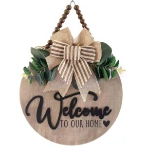 Condorpasea 3D Welcome Sign for Front Door | Home/Farmhouse Porch Décor Wooden Hanging Sign with Artificial Leaves and Rustic Beads | Christmas Classroom |12" Round