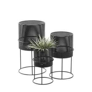 CosmoLiving by Cosmopolitan Metal Indoor Outdoor Planter Geometric Cutout Large Planter Pot with Circular Removeable Stands, Set of 3 Planters 23", 19", 15"H, Black