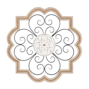 Deco 79 Wooden Scroll Home Wall Decor Carved Beading Wall Sculpture with Metal Accents, Wall Art 27\” x 1\” x 27\”, Brown