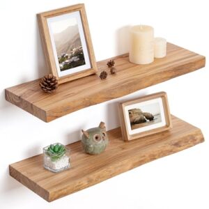 FLYJOE Floating Shelves for Wall Decor, Rustic Solid Elm Wood Floating Shelves Wall Mounted, Wall Shelves with Invisible Bracket for Living Room Bedroom Kitchen, 24 Inch Set of 2, Natural
