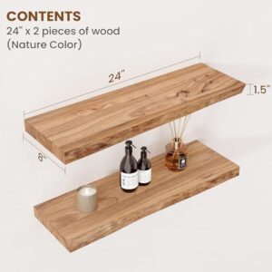 FLYJOE Floating Shelves for Wall Decor, Rustic Solid Elm Wood Floating Shelves Wall Mounted, Wall Shelves with Invisible Bracket for Living Room Bedroom Kitchen, 24 Inch Set of 2, Natural - Image 2