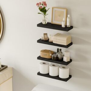 Fixwal Floating Shelves for Wall, Wall Mounted Rustic Wood Shelves for Bathroom, Living Room, Bedroom and Kitchen, Wall Shelves for Storage,Books,Room Decor (Black, Set of 4, 15.8 Inch) - Image 2
