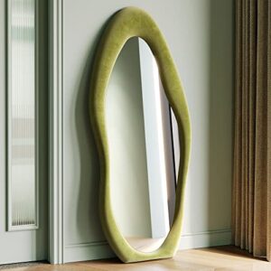 Honyee Full Length Mirror, 63\” x 24\” Wall Mirror, Flannel Wrapped Wooden Frame Floor Mirror, Irregular Wavy Mirror Hanging or Leaning Against Wall for Cloakroom/Bedroom/Living Room, Green