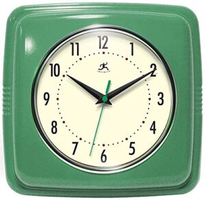 Infinity Instruments Square Silent Retro 9 inch Mid Century Modern Kitchen Diner Retro Wall Clock Quartz Sweep Movement (Green) - Image 2