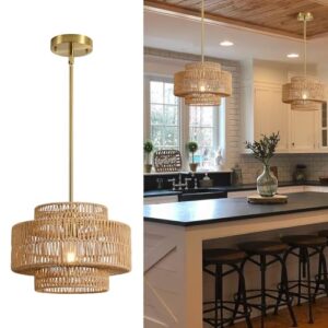 InterMaka 12.4” Boho Rattan Chandelier Light Fixture, 1-Light Hand Woven Pendant Light Fixture Farmhouse Rustic Hanging Lamp for Kitchen Island Bedroom, Dining Room, Living Room, Entryway, Foyer - Image 2