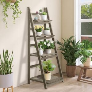 Jerry & Maggie 4-Tier Wooden Ladder Shelf – Rustic Bookshelf, Plant Stand, Storage Rack for Living Room, Bedroom, Patio, Farmhouse Décor (Light Brown)