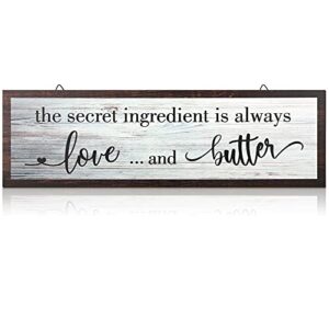 Jetec The Secret Ingredient Is Always Love and Butter Sign Funny Wood Kitchen Sign Funny Farmhouse Wall Decor Rustic Kitchen Wall Decoration, 15.7 x 4.7 Inch(White)