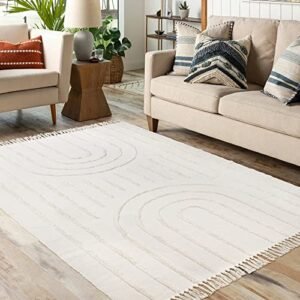 Lanffia Boho Area Rug 5\' x 7\'，Tufted Cotton Rainbow Living Room Rug Hand Woven Washable Farmhouse Tribal Floor Carpet for Entryway Bedroom Kitchen, Beige - Image 2