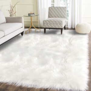 Latepis 5×7 Area Rug – White Furry Faux Sheepskin Washable Fluffy Luxury Home Decor