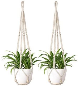 Mkono Macrame Plant Hanger Indoor Hanging Planter Basket with Wood Beads Decorative Flower Pot Holder No Tassels for Indoor Outdoor Boho Home Decor 35 Inch, Ivory, Set of 2 (POTS NOT Included) - Image 2
