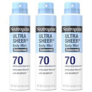Neutrogena Ultra Sheer Body Mist Sunscreen Spray, Broad Spectrum SPF 70, Lightweight Spray Sunscreen, Non-Greasy & Water Resistant, Oil-Free & Non-Comedogenic UVA/UVB, 5 oz, Pack of 3 - Image 2