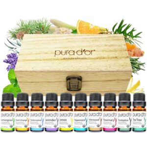PURA D'OR Organic Perfect10 Essential Oils Set - 10x 10mL Wood Box Aromatherapy Gift Set - 100% Pure Therapeutic Grade for Relaxation and Wellness (Lavender, Peppermint, Eucalyptus, Tea Tree & More) - Image 2
