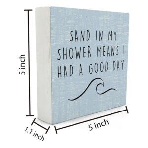 Qvapt Beach Wooden Sign,Coastal Bathroom Signs,Beach Theme Bathroom Decor,Sand in My Shower Means I Had a Great Day Wood Box Sign,Coastal Easter Decor for Home House Table Desk Shelf - Image 2