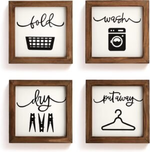 SHOHAYTO Laundry Room Decor for Wall Farmhouse Signs Set of 4 Wash Dry Fold Put Away Rustic Decor for Shelf Laundry Wall Art with Wood Frame Decorative Room Sign 8'' x 8''