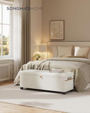 SONGMICS HOME Storage Ottoman Bench, Storage Chest, 15.7 x 43.3 x 15.7 Inches, End of Bed Bench, 27 Gal. (103 L), for Bedroom, Entryway, Living Room, Cream White ULSF533W01 - Image 2