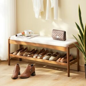 STDDRE Shoe Bench Entryway Bamboo 2-Tier Shoe Rack with Cushion Padded Seat Shoe Bench Organizer Stable for Entry, Hallway, Living Room, Bedroom, Closet (39.4 * 11.4 * 16.5IN, Brown-Beige) - Image 2