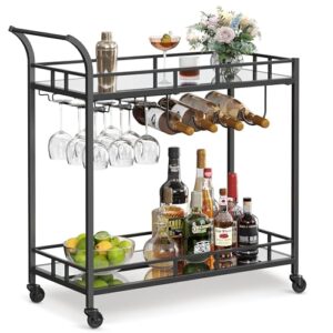 VASAGLE Bar Cart Black, Home Bar Serving Cart, Wine Cart with 2 Mirrored Shelves, Wine Holders, Glass Holders, for Kitchen, Dining Room, Black ULRC090B62 - Image 2