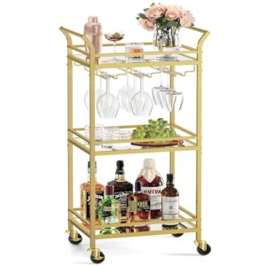 VASAGLE Bar Cart, Home Bar Serving Cart, Small Bar Cart with 3-Tier Shelf, Wine Holders, Glass Holders, Mini Bar Cart for Small Spaces, Kitchen, Dining Room, Living Room, Pale Gold