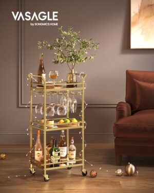 VASAGLE Bar Cart, Home Bar Serving Cart, Small Bar Cart with 3-Tier Shelf, Wine Holders, Glass Holders, Mini Bar Cart for Small Spaces, Kitchen, Dining Room, Living Room, Pale Gold - Image 2