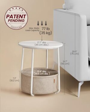 VASAGLE End Table, Small Bedside Table with Fabric Basket, Modern Nightstand, Round Side Table, for Living Room, Bedroom, Matte White and Camel Brown ULET223W10 - Image 2
