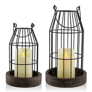 VIVIRENOIR Farmhouse Lanterns - Set of 2 Rustic Home Decor with Flameless Candles, Wire Metal Cloche Decorative Candle Holders for Living Room, Fireplace Mantel, Dining Table (Brown) - Image 2