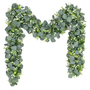 Waipfaru 2Pcs Eucalyptus Garland, 5.9FT Greenery Garland, Green Garland with Flowers, Artificial Faux Silver Dollar Eucalyptus Leaves Vines for Table Home Wedding Mantle Party Indoor Outdoor Decor