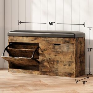 astimey 40\" Shoe Storage Bench with 2 Flip Drawers & Padded Seat Cushion, Shoe Cabinet with Lift Top Storage Box, Shoe Bench Shoe Organizer for Entryway, Hallway, Living Room, Vintage Brown - Image 2